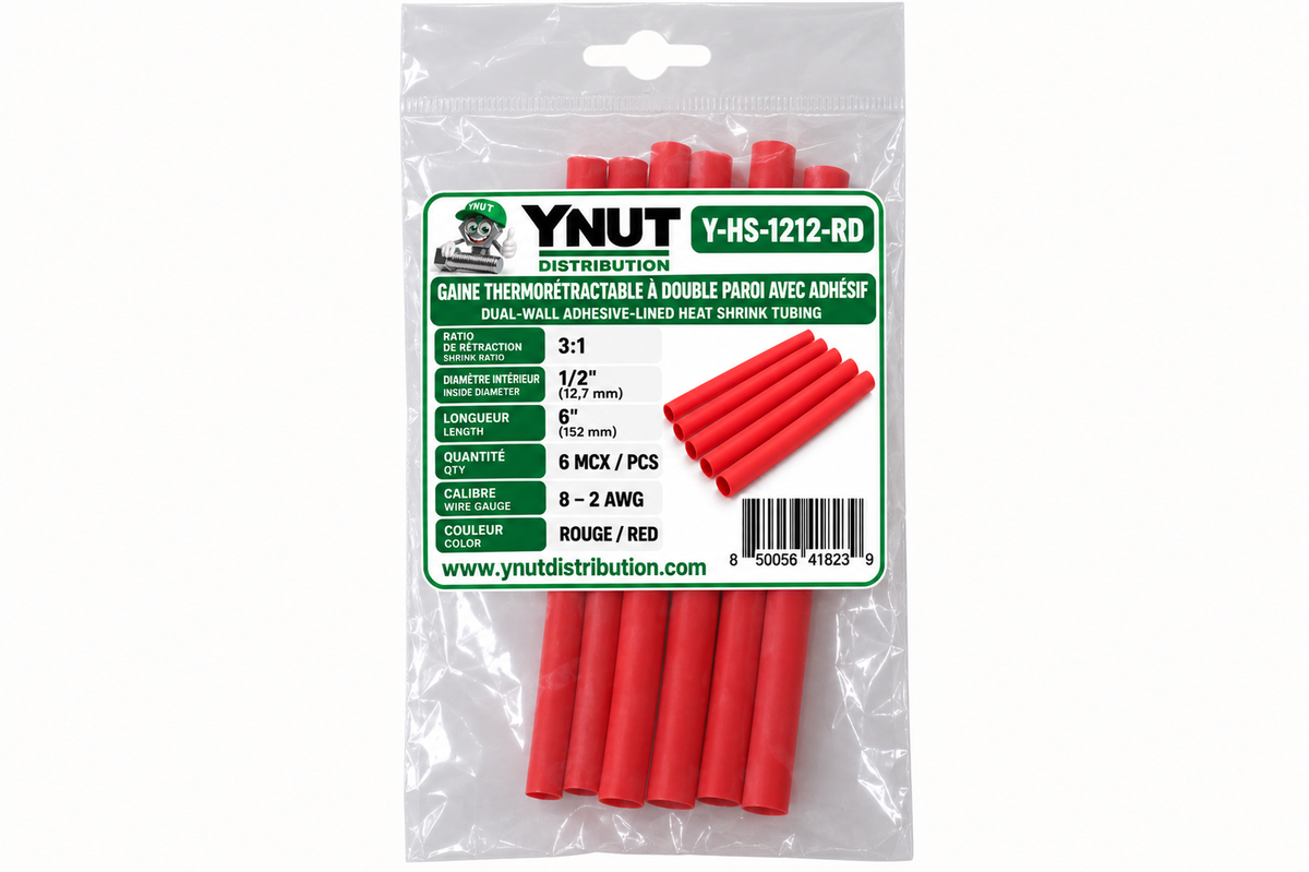 Gaine thermorétractable 3:1 a double paroi avec adhésif 1/2 x 6'' rouge pqt 6 - Y-HS-1212-RD