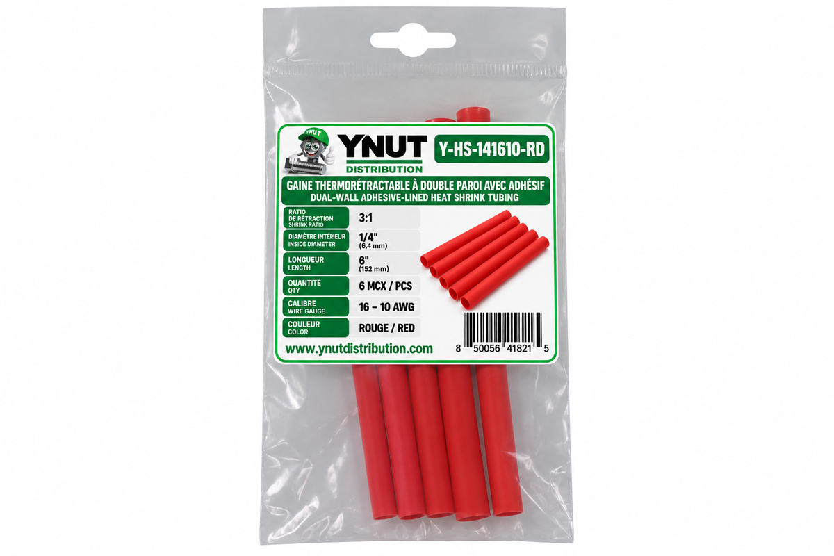Gaine thermorétractable 3:1 a double paroi avec adhésif 1/4 x 6'' rouge pqt 6- Y-HS-141610-RD
