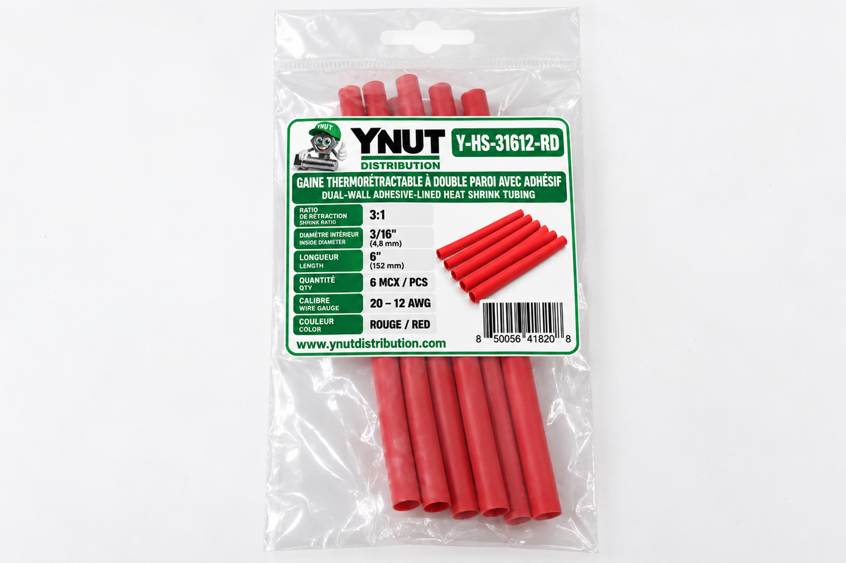 Gaine thermorétractable 3:1 a double paroi avec adhésif 3/16 x 6'' rouge pqt 6- Y-HS-31612-RD