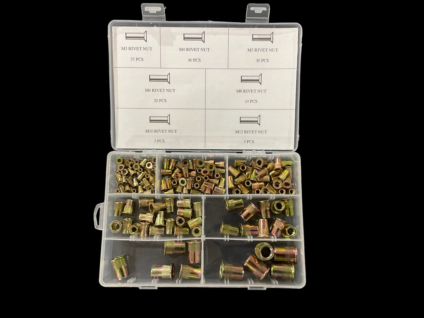 ÉCROUS À RIVETS MÉTRIQUE EN ACIER AU CARBONE PLAQUÉ ZINC - ENSEMBLE DE 165 PIÈCES - Y-K507
