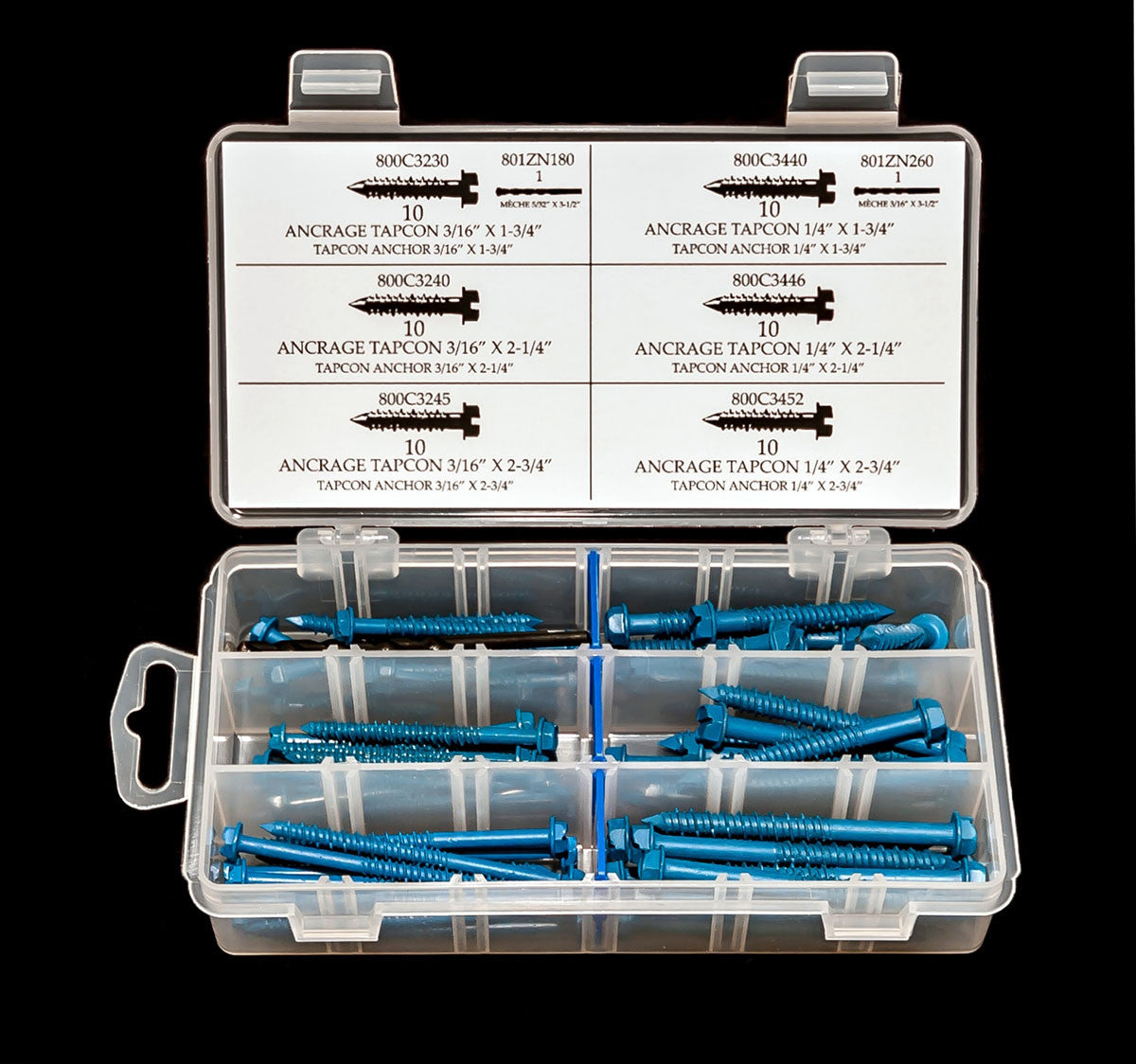 TAPCON ANCHORS FOR CONCRETE AND MASONRY WITH DRILLS – 62-PCS SET – Y-15000