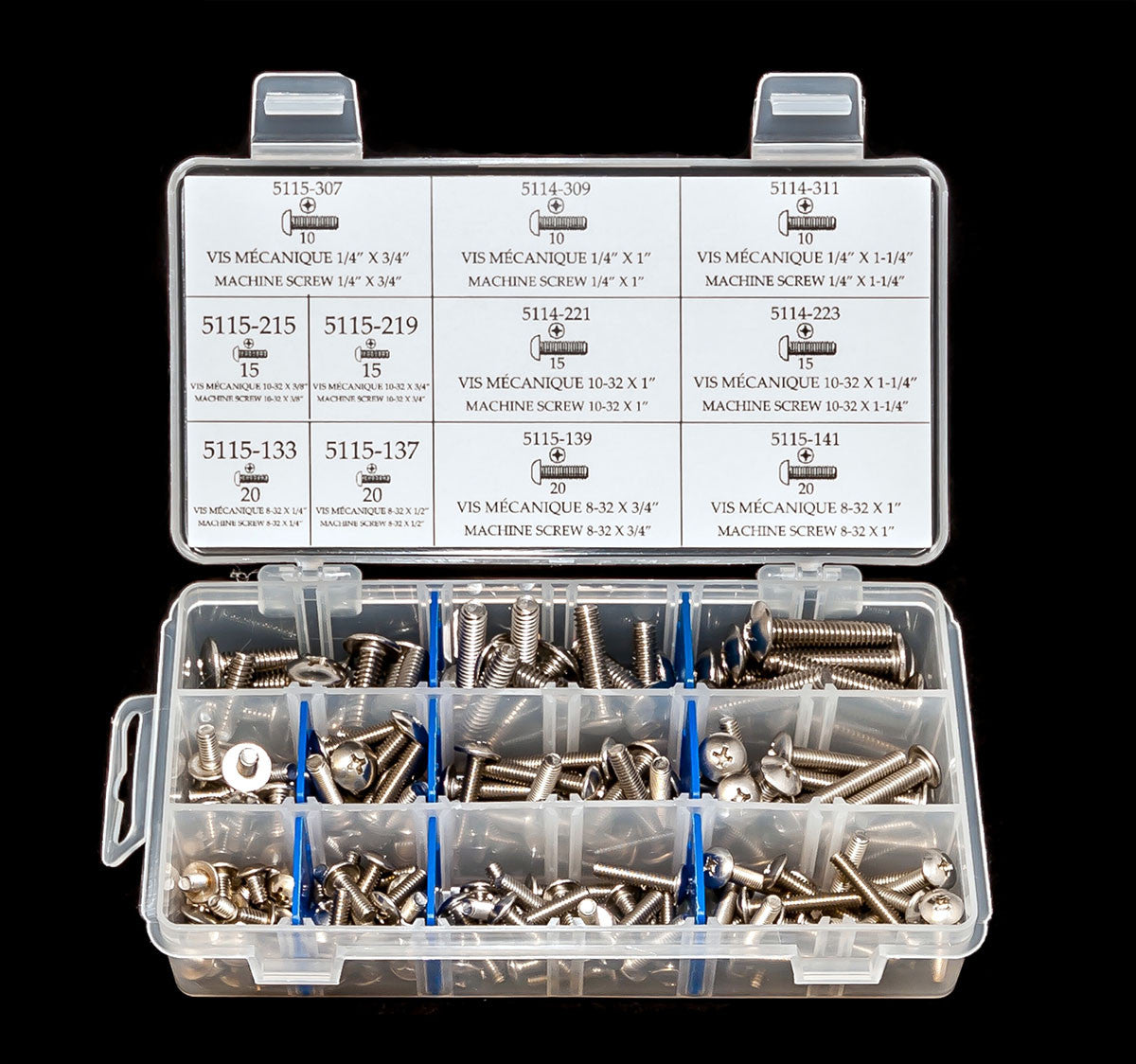 VIS MÉCANIQUES 8-32 à 1/4" À TÊTE ÉTOILE – ACIER INOXYDABLE – ENSEMBLE DE 170 PIÈCES - Y-2250