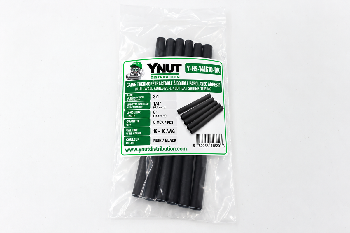 Gaine thermorétractable 3:1 a double paroi avec adhésif   1/4 x 6'' noir pqt 6-  Y-HS-141610-BK