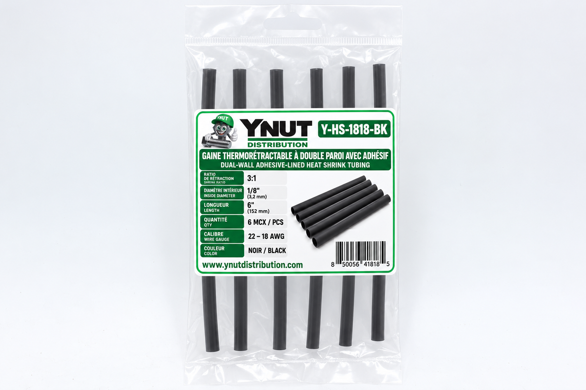 Gaine thermorétractable 3:1 a double paroi avec adhésif  1/8 x 6'' noir pqt 6-  Y-HS-1818-BK