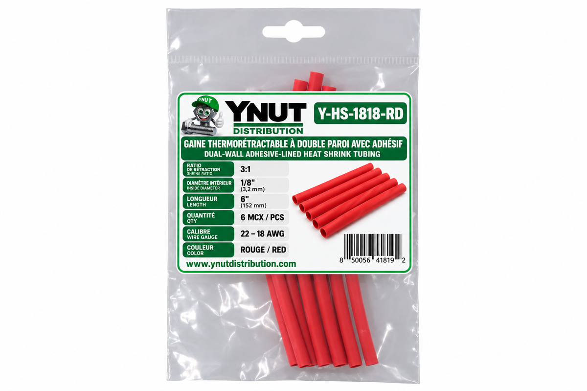 Gaine thermorétractable 3:1 a double paroi avec adhésif  1/8 x 6'' rouge pqt 6-  Y-HS-1818-RD