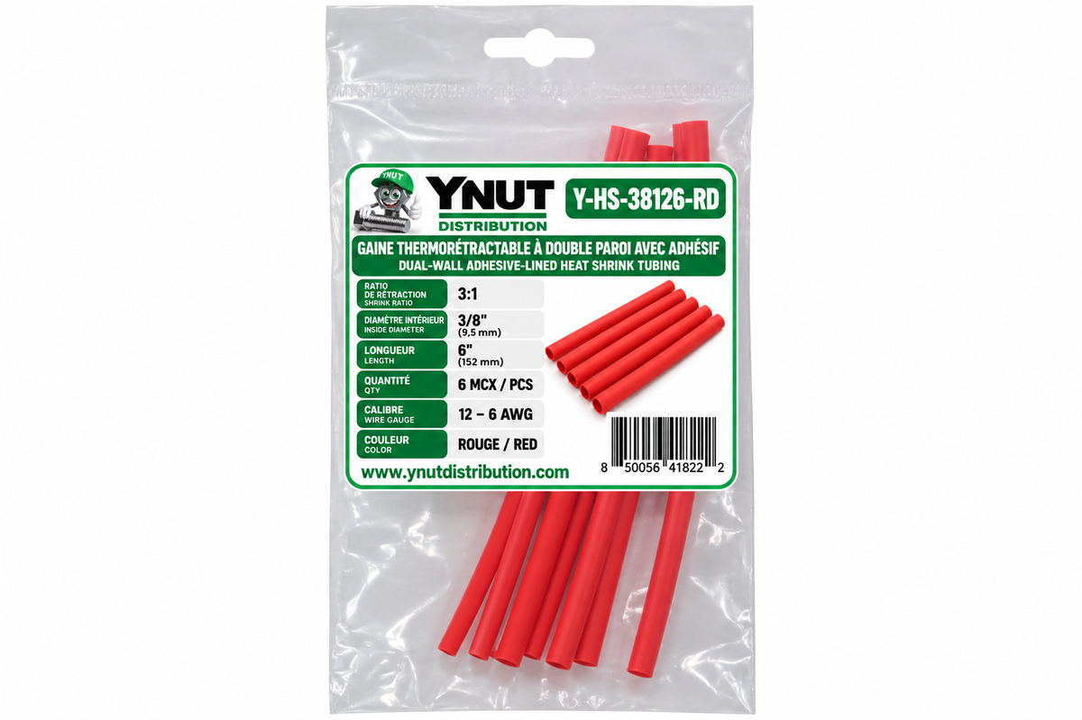 Gaine thermorétractable 3:1 a double paroi avec adhésif  3/8 x 6'' rouge pqt  6- Y-HS-38126-RD