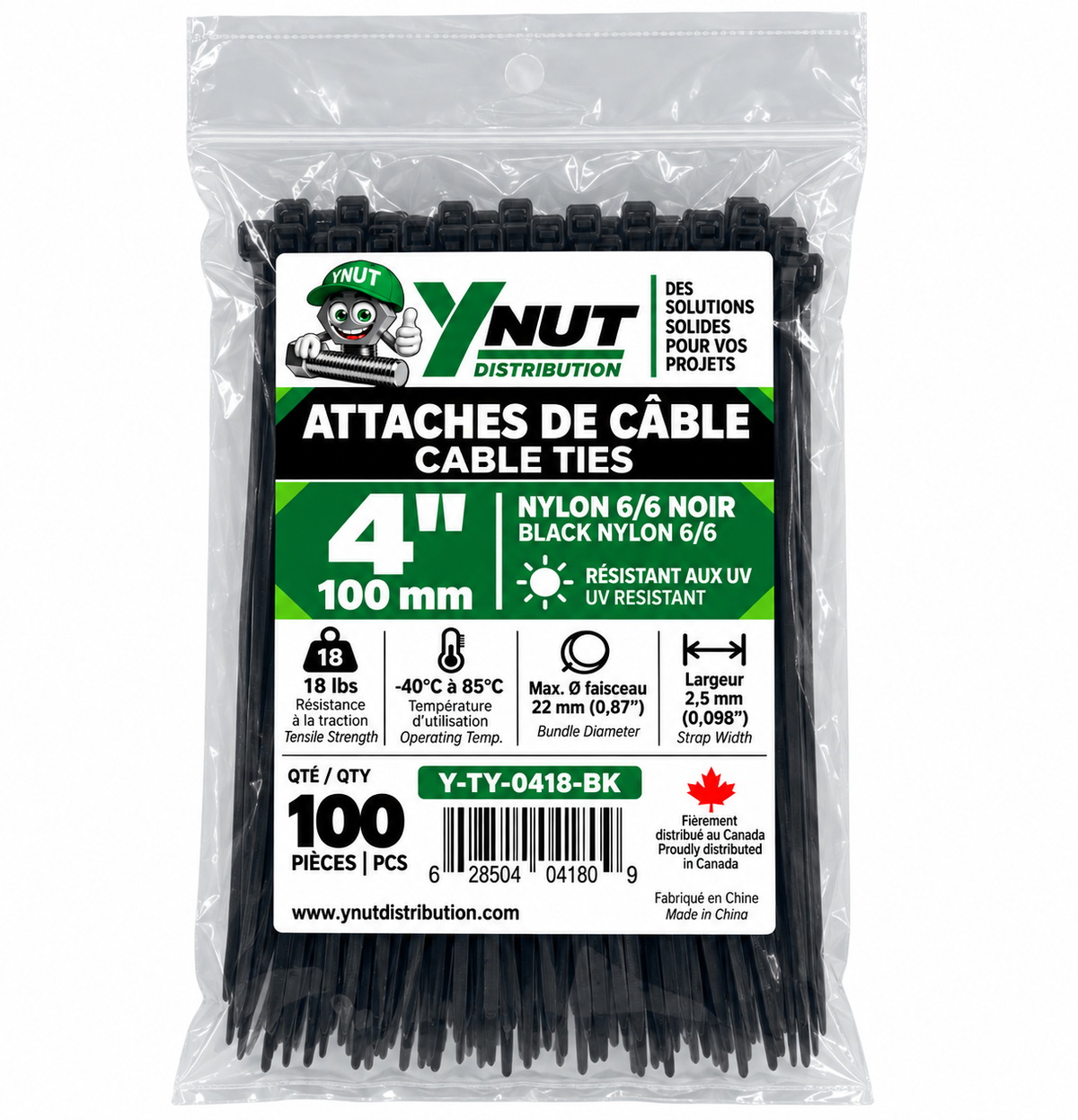 Attaches de câble résistantes aux UV 4'' 18 LBS PQT 100-  Y-TY-0418-BK