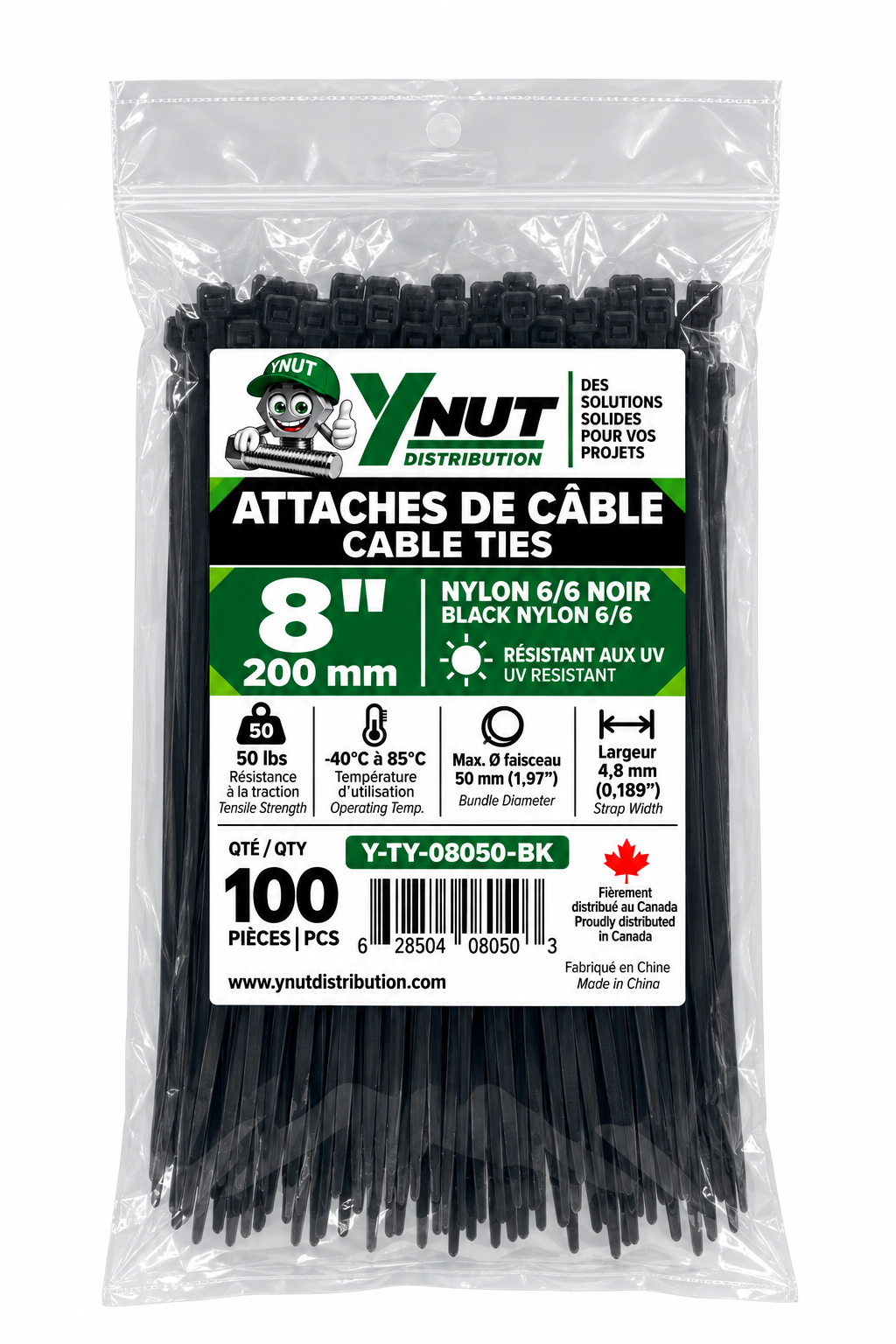 Attaches de câble résistantes aux UV 8'' 50 LBS PQT 100-  Y-TY-08050-BK