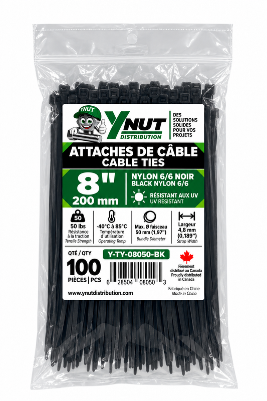 Attaches de câble résistantes aux UV 8'' 50 LBS PQT 100-  Y-TY-08050-BK