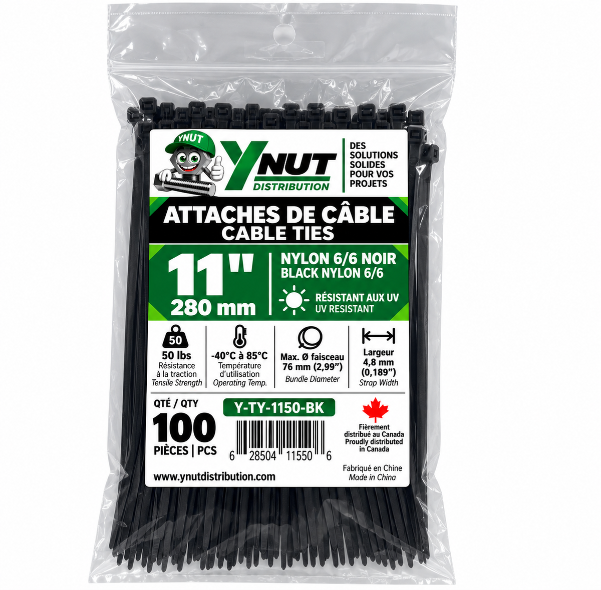 Attaches de câble résistantes aux UV 11'' 50 LBS PQT 100- Y-TY-11050-BK