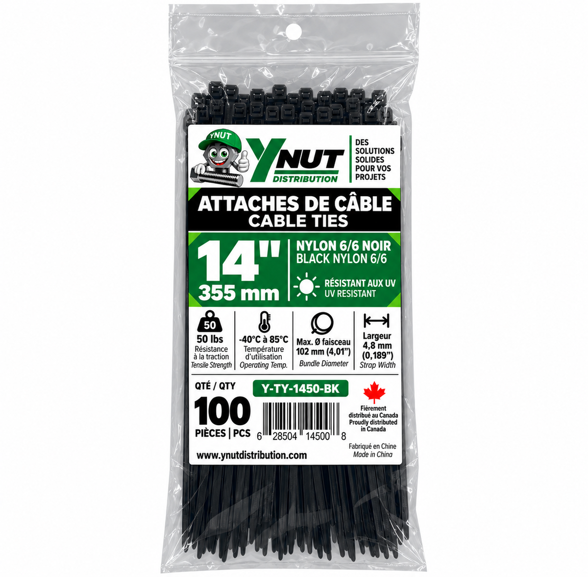 Attaches de câble résistantes aux UV 14'' 50 LBS PQT 100- Y-TY-14050-BK